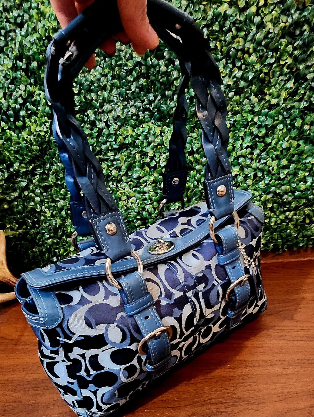 Coach Blue Signature Canvas Shoulder Bag with Braided Handles